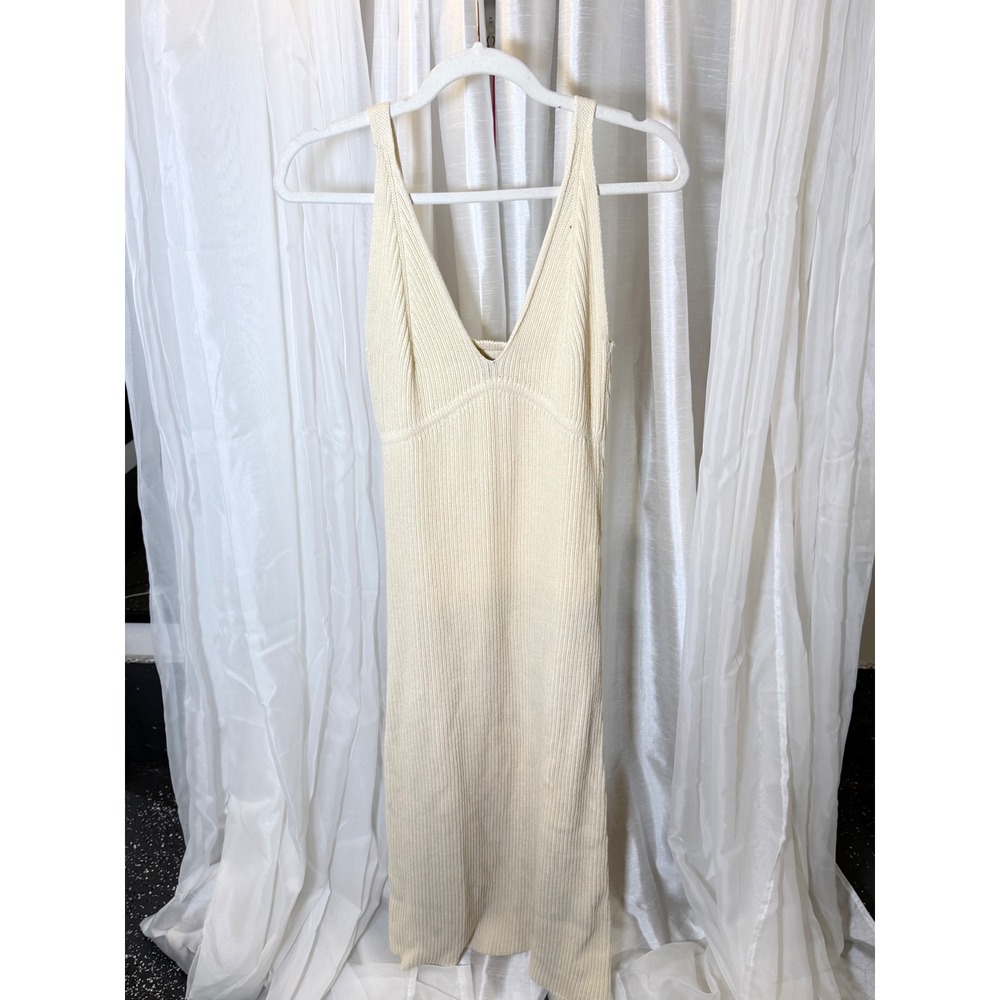 Zara Knit Midi Dress Womens Medium Cream Ribbed V-Neck Sleeveless 3859/100/712